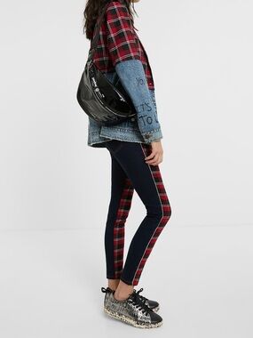 Desigual Burgundy Plaid Skinny Jeans with Navy Side Stripes
